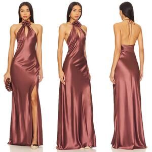 NICHOLAS | Ana Halter Dress With Removable Flower in Nutmeg Brown Maxi Gown 6